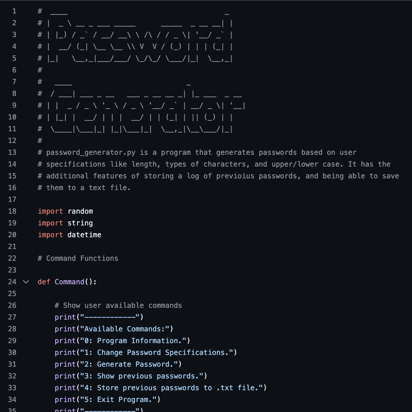 screenshot of python password generator code